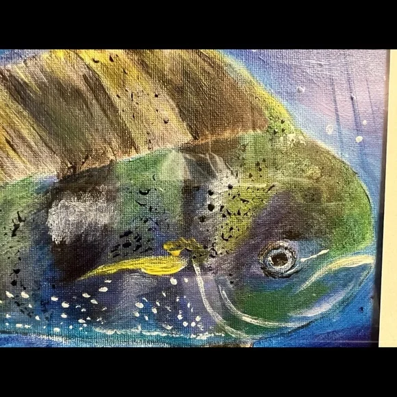 Framed Fish Art Print - Blue and Green mahi mahi dorado oil on canvas arts and - Picture 6 of 7